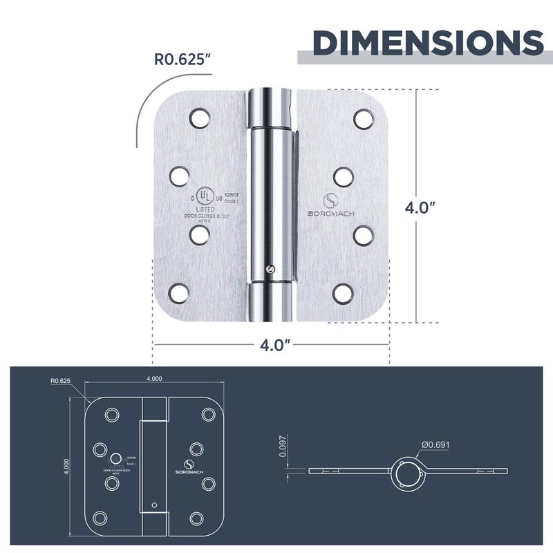 SORGMACH Satin Door Hinges Self Closing Hinge Auto Close Hinge Outlet Hardware Adjustable Spring Loaded Hinges 5/8" Radius Corner for Commercial Grade Self-Closing, UL Listed 3 Pack - Image 4